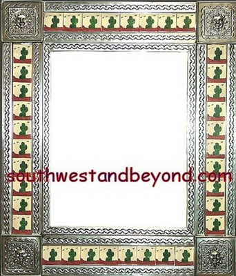 tin framed hand hammered 29"x25" mirror with talavera tiles - silver color