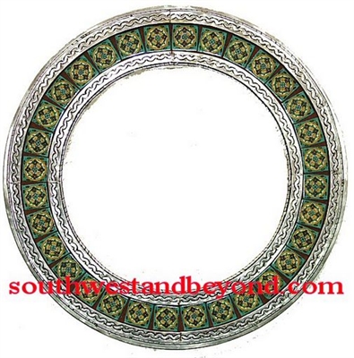 Mexican round tin framed mirror with talavera tiles - silver