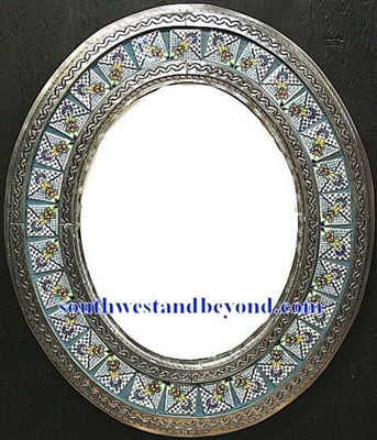 Mexican oval tin framed mirror with talavera tiles - silver color