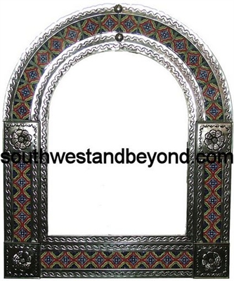 arched tin framed hand hammered mirror with talavera tiles - silver