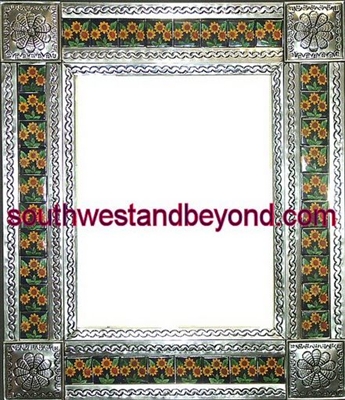 rectangular tin framed hand hammered mirror with talavera tiles - silver