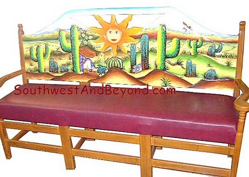 Carved Hand Painted Mexican Benches, Hand Painted Wooden Benches