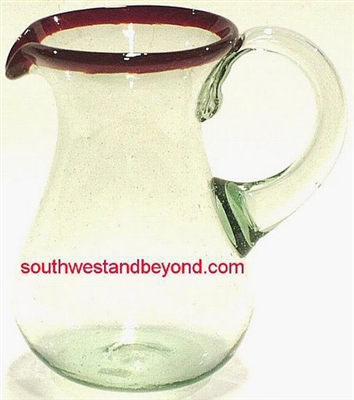 035-E Hand Blown Mexican Glass Pitcher Red Rim