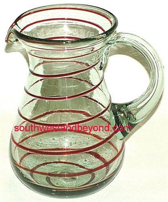 035-F Hand Blown Mexican Glass Pitcher Red Swirl