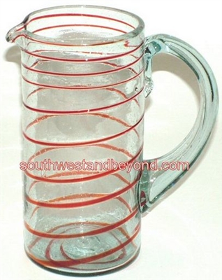 036-F Hand Blown Mexican Glass Pitcher Red Swirl
