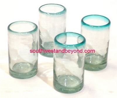 048-A Juice Glasses Hand Blown Juice Glasses Aqua Color Rim - 4pc Set