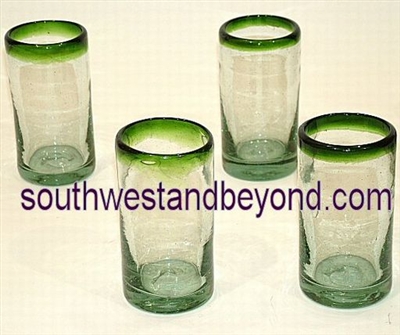 048-G Juice Glasses Hand Blown Juice Glasses Green Color Rim - 4pc Set
