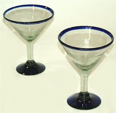 057-1M Martini Mexican Bubble Glass Martini Cobalt Blue Rim - 4 pc Set