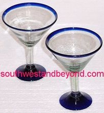 057-B Martini Mexican Bubble Glass Martini Cobalt Blue Rim - 4 pc Set