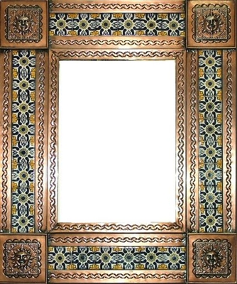 rectangular 21"x25" tin framed hand hammered mirror with talavera tiles - copper