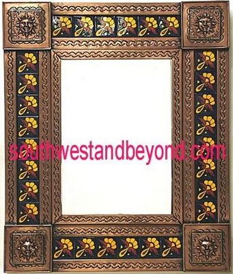 rectangular 21"x25" tin framed hand hammered mirror with talavera tiles - copper