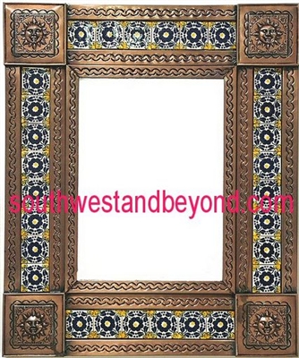 rectangular 21"x25" tin framed hand hammered mirror with talavera tiles - copper