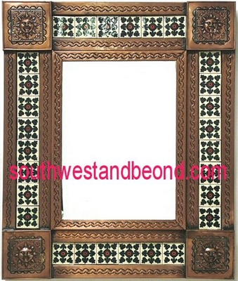 rectangular 21"x25" tin framed hand hammered mirror with talavera tiles - copper