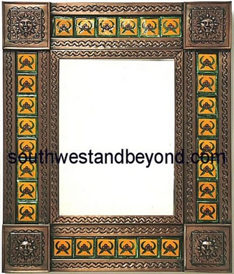 rectangular 21"x25" tin framed hand hammered mirror with talavera tiles - copper