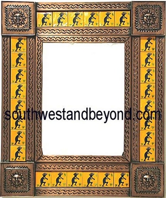 rectangular 21"x25" tin framed hand hammered mirror with talavera tiles - copper