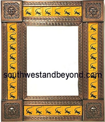 rectangular 21"x25" tin framed hand hammered mirror with talavera tiles - copper