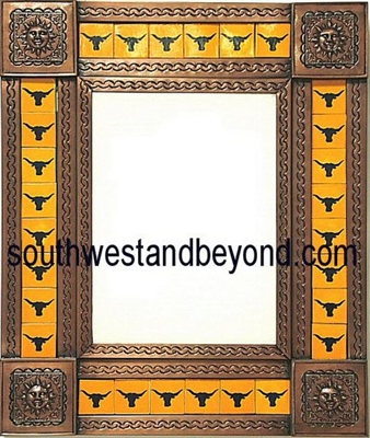 rectangular 21"x25" tin framed hand hammered mirror with talavera tiles - copper