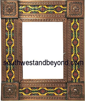 rectangular 21"x15" tin framed hand hammered mirror with talavera tiles - copper