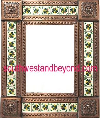 rectangular 21"x15" tin framed hand hammered mirror with talavera tiles - copper
