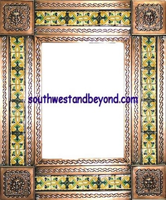 rectangular 21"x15" tin framed hand hammered mirror with talavera tiles - copper
