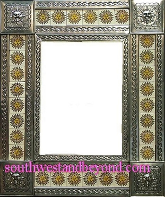 rectangular 25"x21" tin framed hand hammered mirror with talavera tiles - silver color