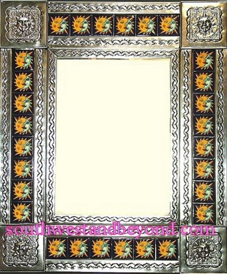 rectangular 25"x21" tin framed hand hammered mirror with talavera tiles - silver color