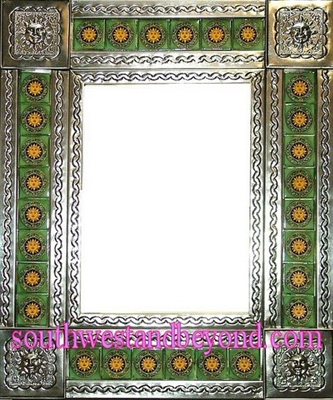 rectangular 25"x21" tin framed hand hammered mirror with talavera tiles - silver color
