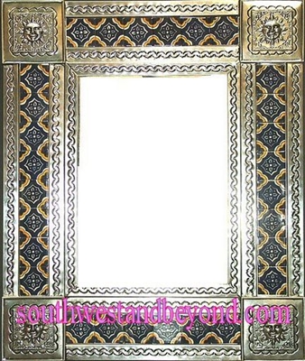 rectangular 25"x21" tin framed hand hammered mirror with talavera tiles - silver color
