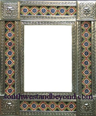 rectangular 25"x21" tin framed hand hammered mirror with talavera tiles - silver color