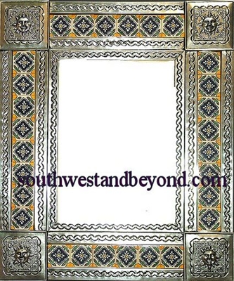 rectangular 25"x21" tin framed hand hammered mirror with talavera tiles - silver color