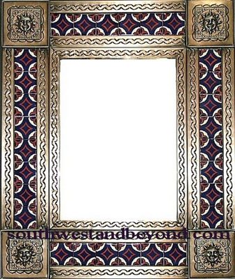 rectangular 25"x21" tin framed hand hammered mirror with talavera tiles - silver color