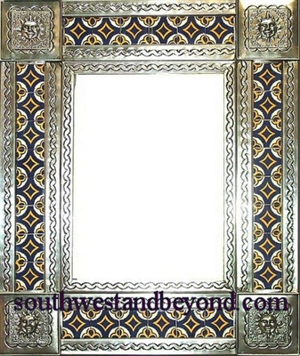 rectangular 25"x21" tin framed hand hammered mirror with talavera tiles - silver color