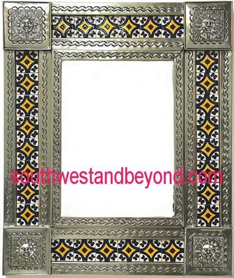 rectangular 25"x21" tin framed hand hammered mirror with talavera tiles - silver color