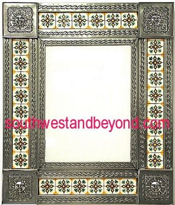 rectangular 25"x21" tin framed hand hammered mirror with talavera tiles - silver color
