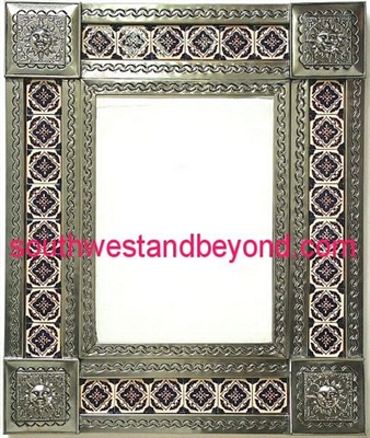 rectangular 25"x21" tin framed hand hammered mirror with talavera tiles - silver color