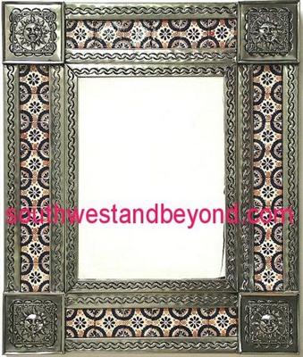 rectangular 25"x21" tin framed hand hammered mirror with talavera tiles - silver color