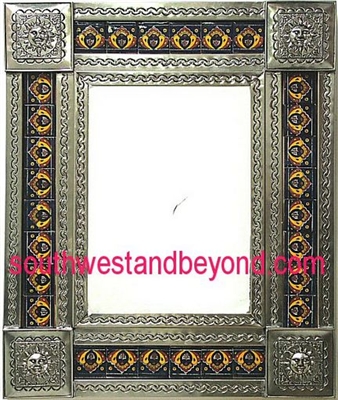 rectangular 25"x21" tin framed hand hammered mirror with talavera tiles - silver color