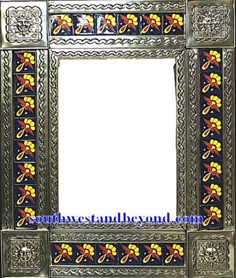 rectangular 25"x21" tin framed hand hammered mirror with talavera tiles - silver color
