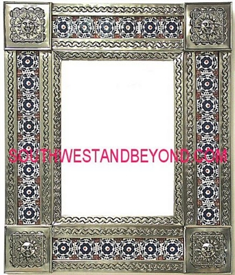 rectangular 25"x21" tin framed hand hammered mirror with talavera tiles - silver color