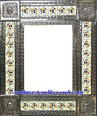 rectangular 25"x21" tin framed hand hammered mirror with talavera tiles - silver color