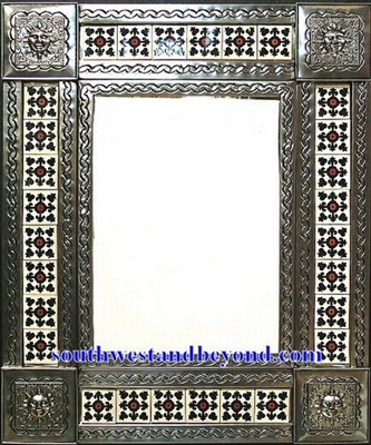 rectangular 25"x21" tin framed hand hammered mirror with talavera tiles - silver color