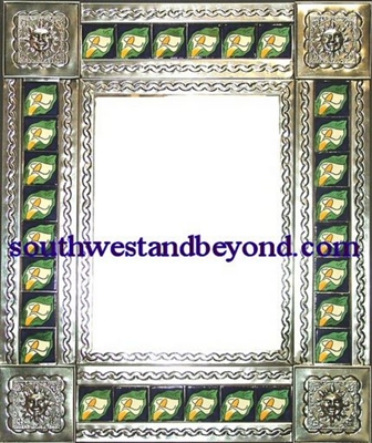 rectangular 25"x21" tin framed hand hammered mirror with talavera tiles - silver color