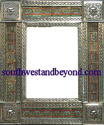 rectangular 25"x21" tin framed hand hammered mirror with talavera tiles - silver color
