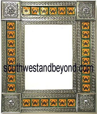 rectangular 25"x21" tin framed hand hammered mirror with talavera tiles - silver color