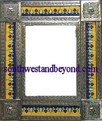 rectangular 25"x21" tin framed hand hammered mirror with talavera tiles - silver color
