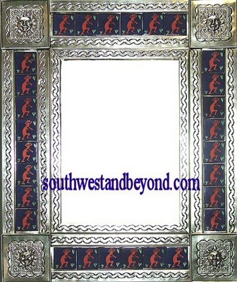 rectangular 25"x21" tin framed hand hammered mirror with talavera tiles - silver color