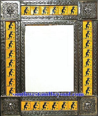rectangular 25"x21" tin framed hand hammered mirror with talavera tiles - silver color