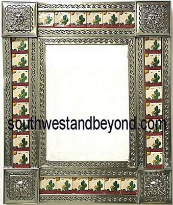 rectangular 25"x21" tin framed hand hammered mirror with talavera tiles - silver color