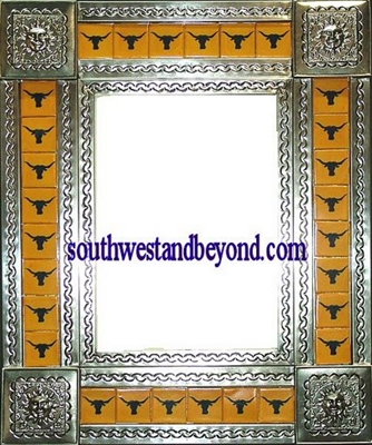 rectangular 25"x21" tin framed hand hammered mirror with talavera tiles - silver color