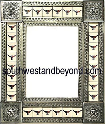 rectangular 25"x21" tin framed hand hammered mirror with talavera tiles - silver color